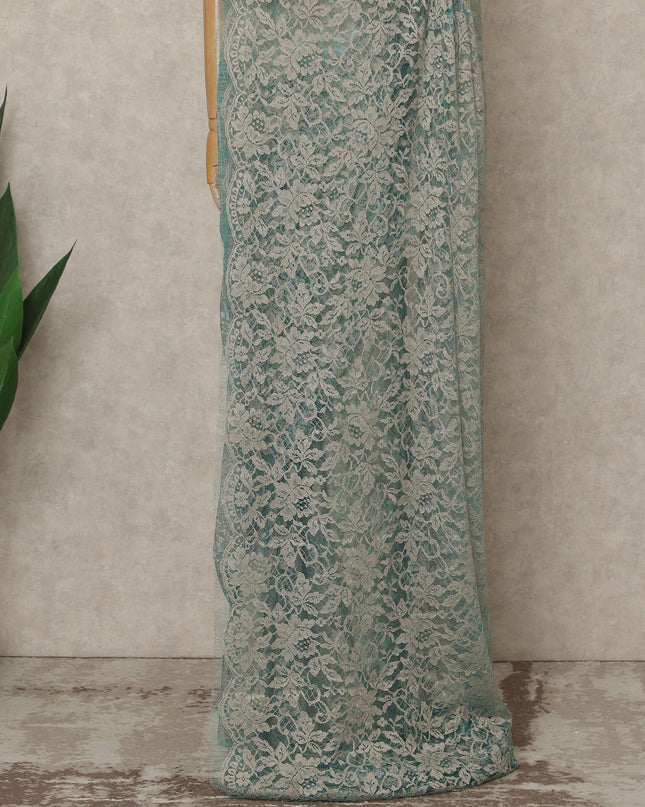 Seafoam Green Premium French 2-Tone Chantilly Lace Saree, 5.5 Mtrs Length, 110 Cms Width, Crafted in France-Blouse Not Included-D26699
