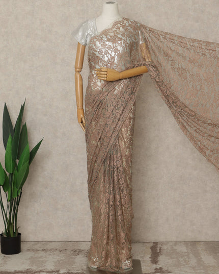 Rose Gold Premium French 2-Tone Chantilly Lace Saree, 5.5 Mtrs Length, 110 Cms Width, Crafted in France-Blouse Not Included-D26703