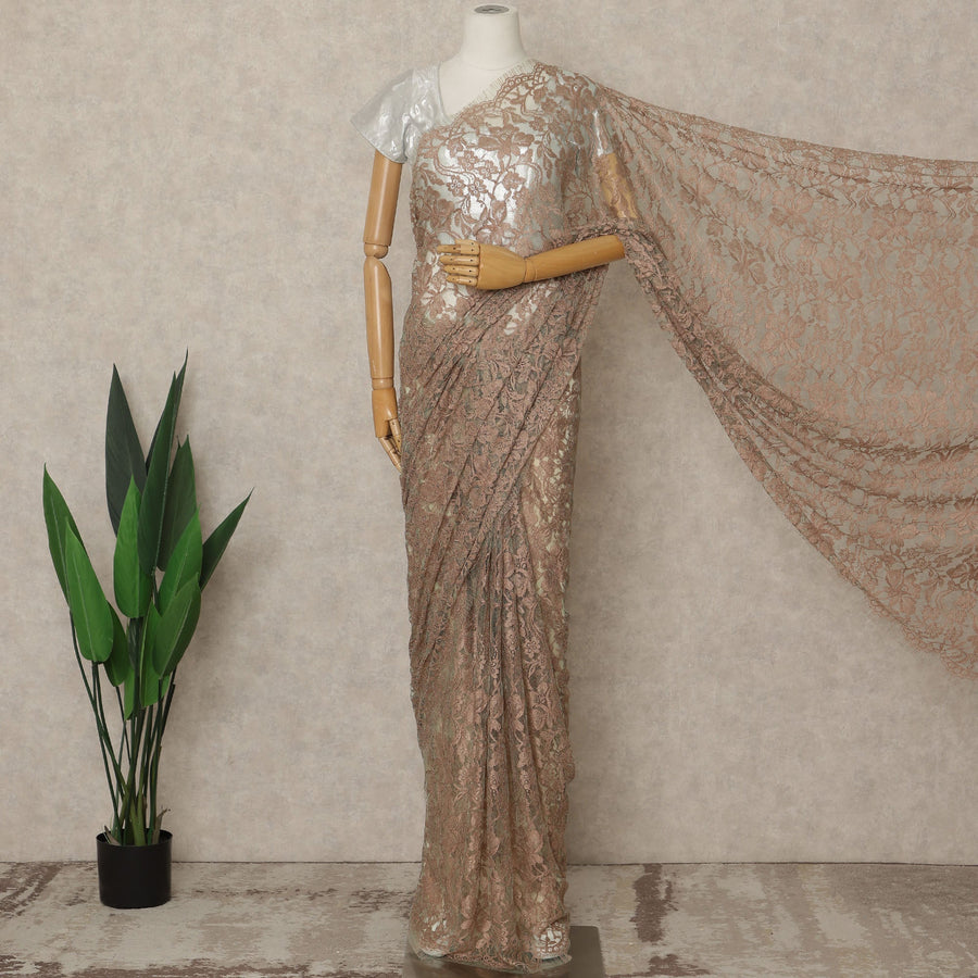 Rose Gold Premium French 2-Tone Chantilly Lace Saree, 5.5 Mtrs Length, 110 Cms Width, Crafted in France-Blouse Not Included-D26703