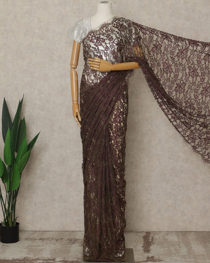 Plum Wine Premium French 2-Tone Chantilly Lace Saree, 5.5 Mtrs Length, 110 Cms Width, Crafted in France-Blouse Not Included-D26702