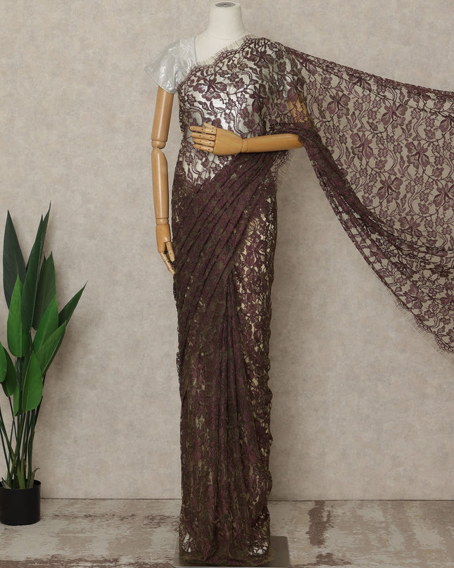 Plum Wine Premium French 2-Tone Chantilly Lace Saree, 5.5 Mtrs Length, 110 Cms Width, Crafted in France-Blouse Not Included-D26702