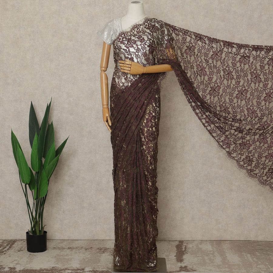 Plum Wine Premium French 2-Tone Chantilly Lace Saree, 5.5 Mtrs Length, 110 Cms Width, Crafted in France-Blouse Not Included-D26702