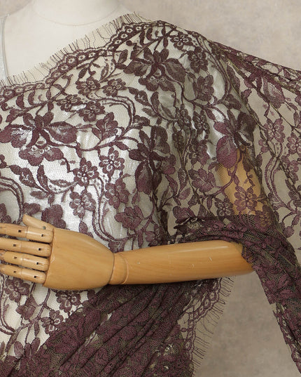 Plum Wine Premium French 2-Tone Chantilly Lace Saree, 5.5 Mtrs Length, 110 Cms Width, Crafted in France-Blouse Not Included-D26702