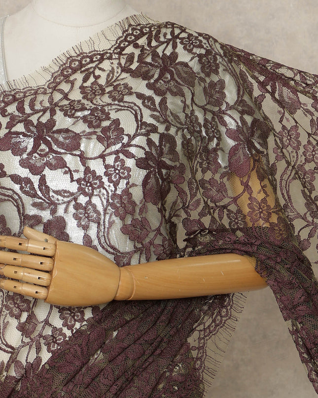 Plum Wine Premium French 2-Tone Chantilly Lace Saree, 5.5 Mtrs Length, 110 Cms Width, Crafted in France-Blouse Not Included-D26702