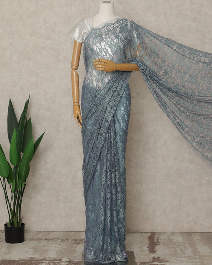 Dusty Teal Premium French 2-Tone Chantilly Lace Saree, 5.5 Mtrs Length, 110 Cms Width, Crafted in France-Blouse Not Included-D26700