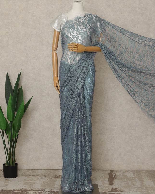 Dusty Teal Premium French 2-Tone Chantilly Lace Saree, 5.5 Mtrs Length, 110 Cms Width, Crafted in France-Blouse Not Included-D26700