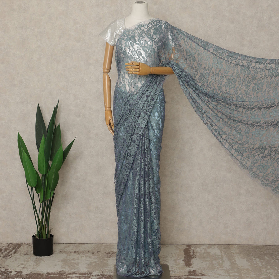 Dusty Teal Premium French 2-Tone Chantilly Lace Saree, 5.5 Mtrs Length, 110 Cms Width, Crafted in France-Blouse Not Included-D26700