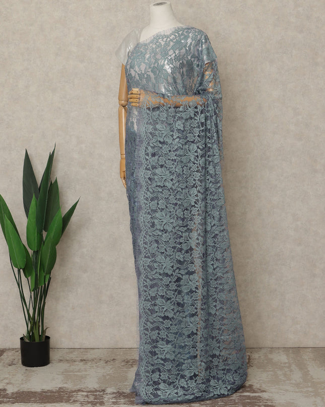 Dusty Teal Premium French 2-Tone Chantilly Lace Saree, 5.5 Mtrs Length, 110 Cms Width, Crafted in France-Blouse Not Included-D26700