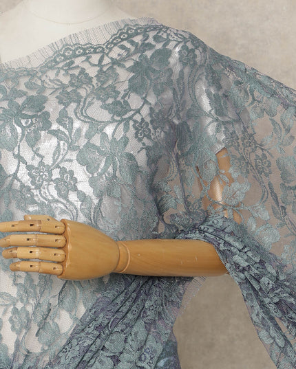 Dusty Teal Premium French 2-Tone Chantilly Lace Saree, 5.5 Mtrs Length, 110 Cms Width, Crafted in France-Blouse Not Included-D26700