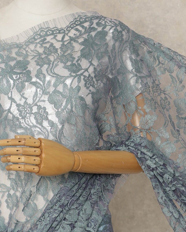 Dusty Teal Premium French 2-Tone Chantilly Lace Saree, 5.5 Mtrs Length, 110 Cms Width, Crafted in France-Blouse Not Included-D26700