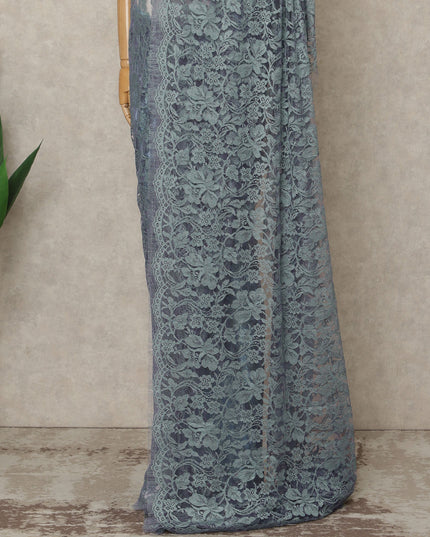 Dusty Teal Premium French 2-Tone Chantilly Lace Saree, 5.5 Mtrs Length, 110 Cms Width, Crafted in France-Blouse Not Included-D26700