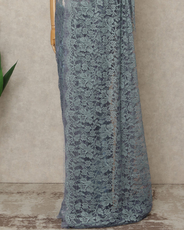 Dusty Teal Premium French 2-Tone Chantilly Lace Saree, 5.5 Mtrs Length, 110 Cms Width, Crafted in France-Blouse Not Included-D26700