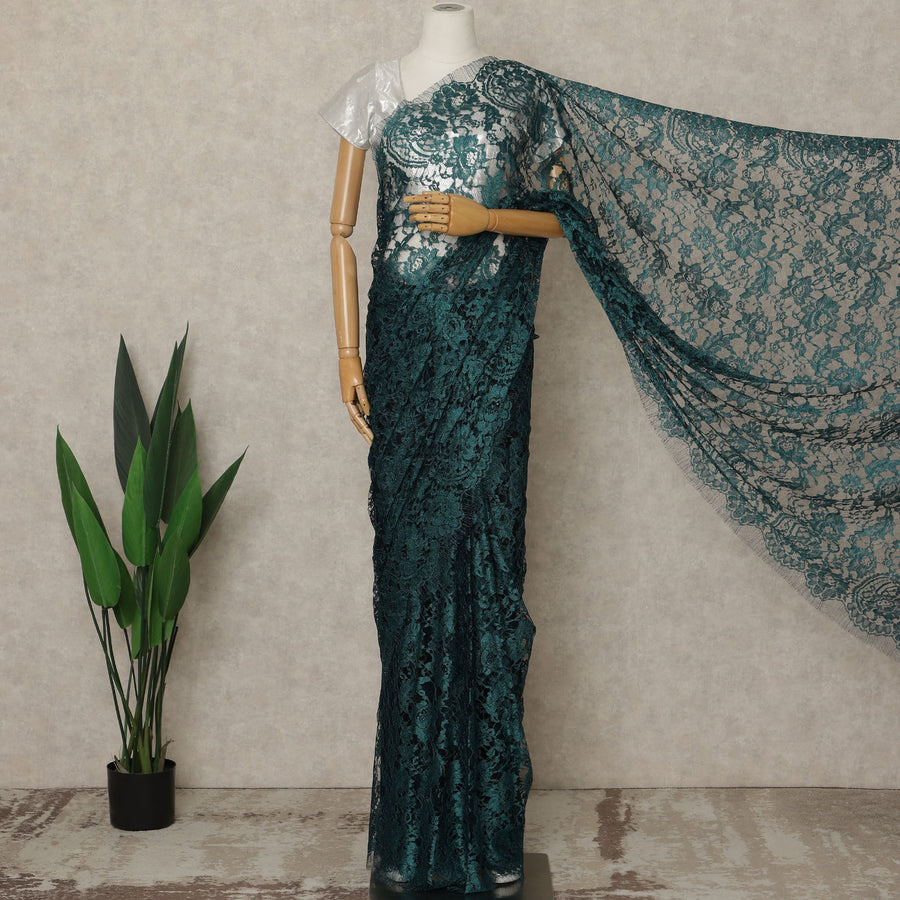 Teal Green Premium French 2-Tone Chantilly Saree Lace, 5.5 Mtrs Length, 110 Cms Width, Crafted in France-Blouse Not Included-D26705