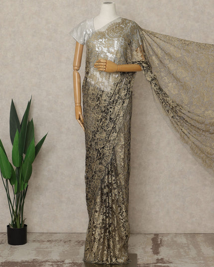 Antique Gold Premium French 2-Tone Chantilly Lace Saree, 5.5 Mtrs Length, 110 Cms Width, Crafted in France-Blouse Not Included-D26704