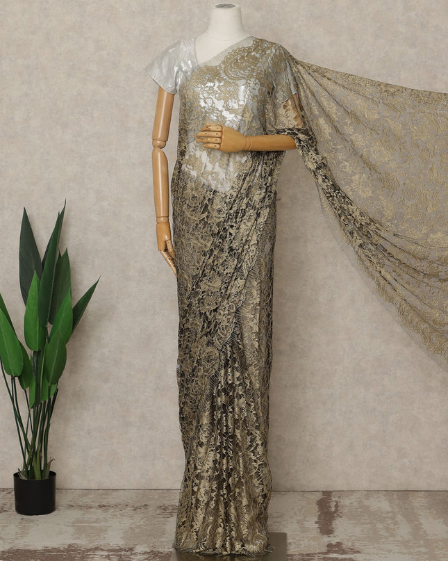 Antique Gold Premium French 2-Tone Chantilly Lace Saree, 5.5 Mtrs Length, 110 Cms Width, Crafted in France-Blouse Not Included-D26704