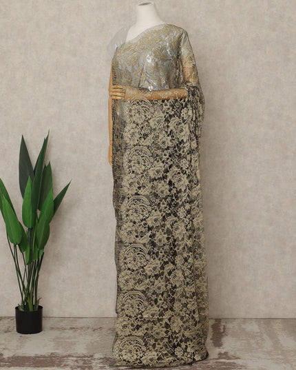 Antique Gold Premium French 2-Tone Chantilly Lace Saree, 5.5 Mtrs Length, 110 Cms Width, Crafted in France-Blouse Not Included-D26704