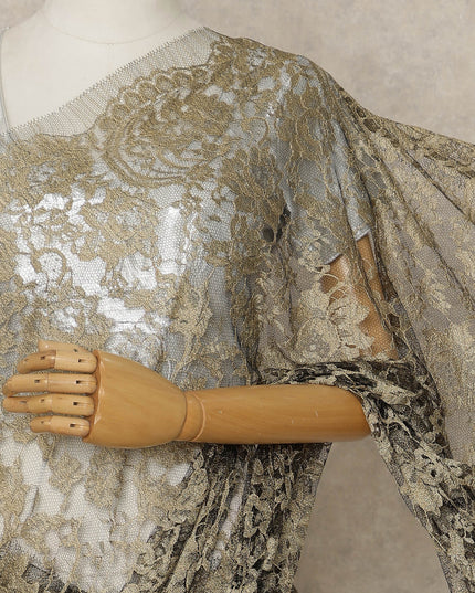 Antique Gold Premium French 2-Tone Chantilly Lace Saree, 5.5 Mtrs Length, 110 Cms Width, Crafted in France-Blouse Not Included-D26704