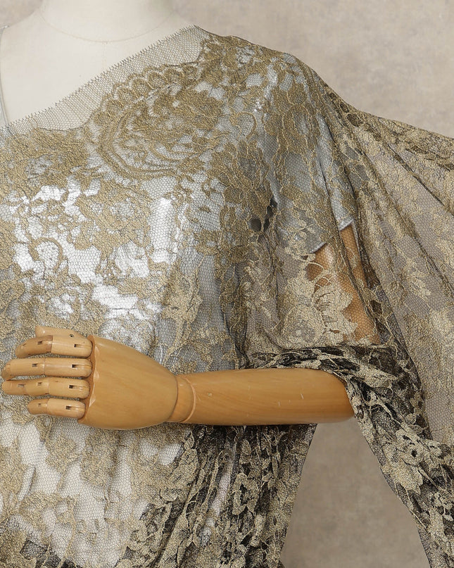 Antique Gold Premium French 2-Tone Chantilly Lace Saree, 5.5 Mtrs Length, 110 Cms Width, Crafted in France-Blouse Not Included-D26704