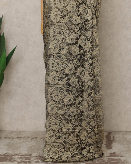 Antique Gold Premium French 2-Tone Chantilly Lace Saree, 5.5 Mtrs Length, 110 Cms Width, Crafted in France-Blouse Not Included-D26704