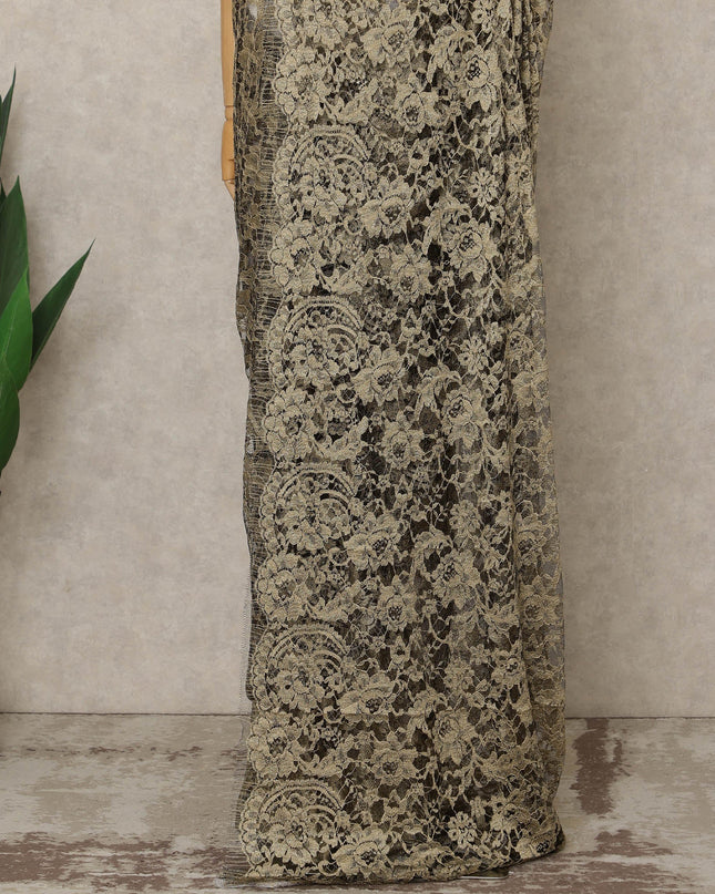 Antique Gold Premium French 2-Tone Chantilly Lace Saree, 5.5 Mtrs Length, 110 Cms Width, Crafted in France-Blouse Not Included-D26704