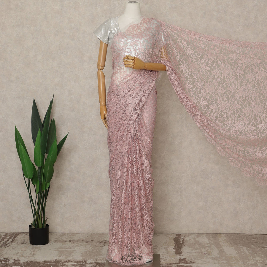 Blush Rose Premium French 2-Tone Chantilly Lace Saree, 5.5 Mtrs Length, 110 Cms Width, Crafted in France-Blouse Not Included-D26697