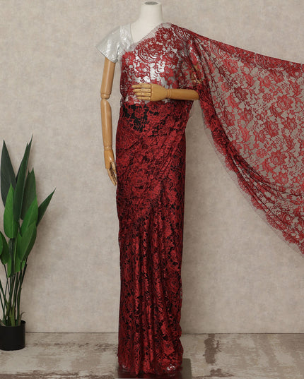 Crimson Red Premium French 2-Tone Chantilly Lace Saree, 5.5 Mtrs Length, 110 Cms Width, Crafted in France-Blouse Not Included-D26698
