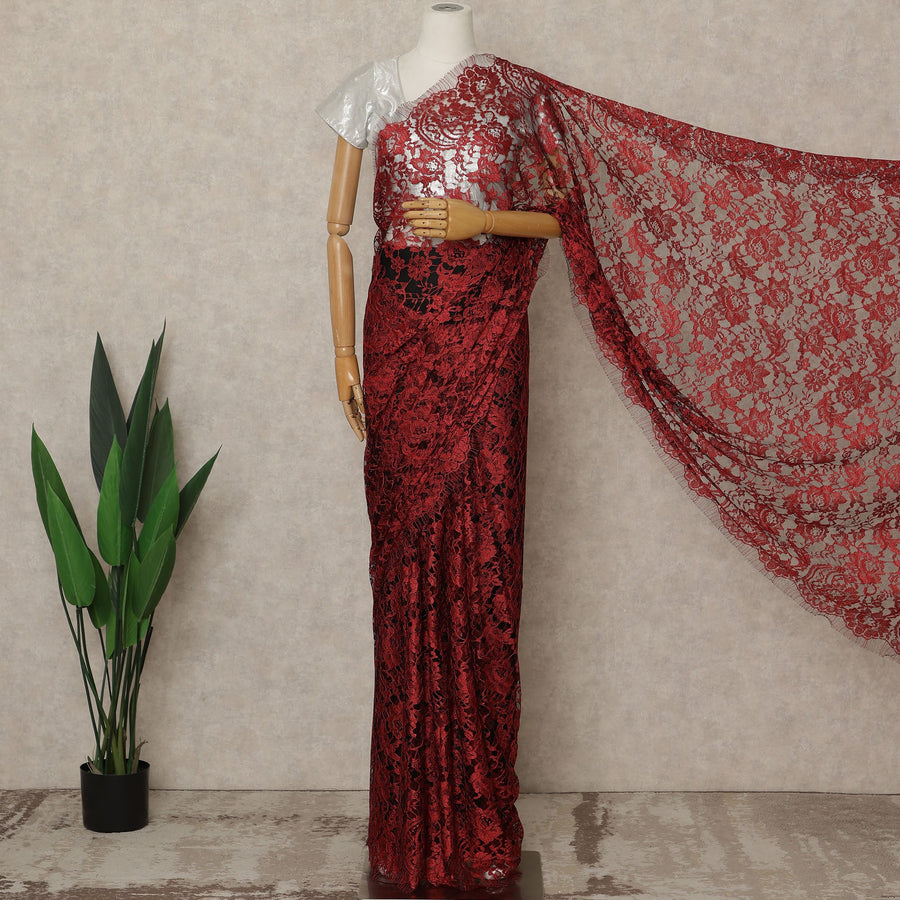 Crimson Red Premium French 2-Tone Chantilly Lace Saree, 5.5 Mtrs Length, 110 Cms Width, Crafted in France-Blouse Not Included-D26698