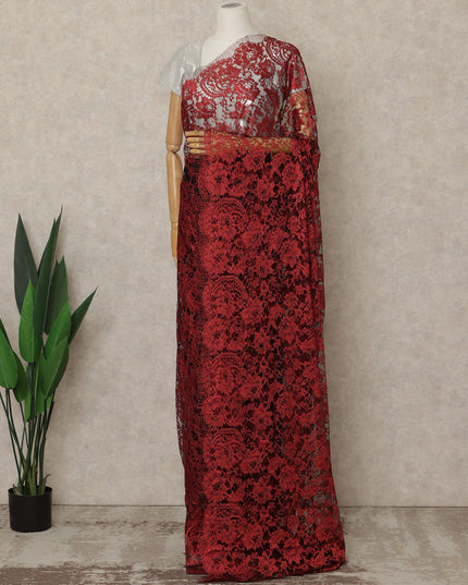 Crimson Red Premium French 2-Tone Chantilly Lace Saree, 5.5 Mtrs Length, 110 Cms Width, Crafted in France-Blouse Not Included-D26698