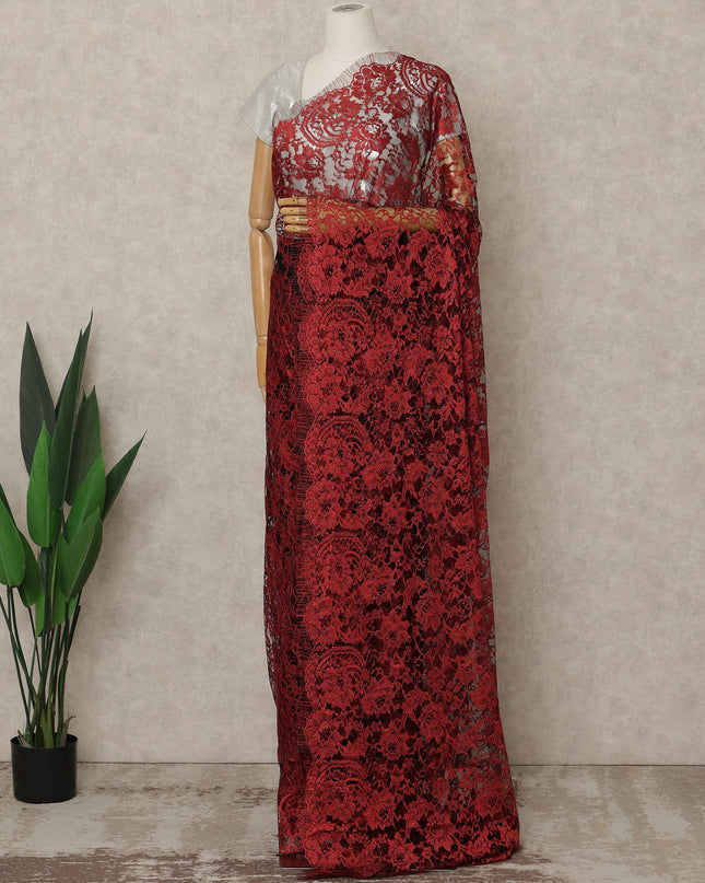Crimson Red Premium French 2-Tone Chantilly Lace Saree, 5.5 Mtrs Length, 110 Cms Width, Crafted in France-Blouse Not Included-D26698