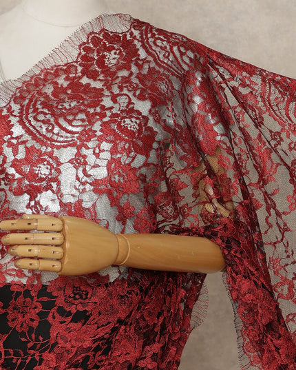 Crimson Red Premium French 2-Tone Chantilly Lace Saree, 5.5 Mtrs Length, 110 Cms Width, Crafted in France-Blouse Not Included-D26698