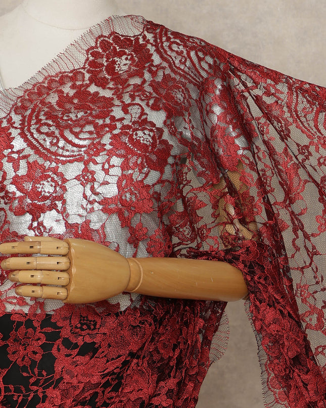 Crimson Red Premium French 2-Tone Chantilly Lace Saree, 5.5 Mtrs Length, 110 Cms Width, Crafted in France-Blouse Not Included-D26698