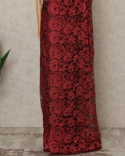 Crimson Red Premium French 2-Tone Chantilly Lace Saree, 5.5 Mtrs Length, 110 Cms Width, Crafted in France-Blouse Not Included-D26698