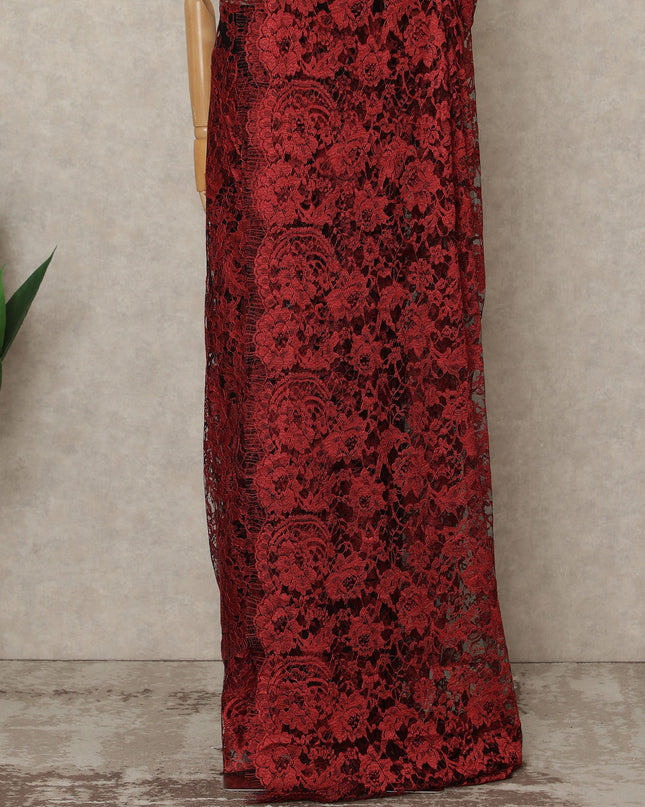 Crimson Red Premium French 2-Tone Chantilly Lace Saree, 5.5 Mtrs Length, 110 Cms Width, Crafted in France-Blouse Not Included-D26698