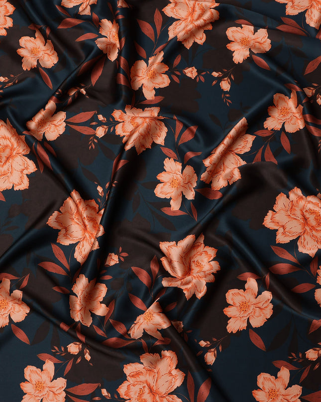 Navy Orange Floral Print Premium Pure Silk Satin Fabric, 110 cm Width, Bold Botanical Design, Origin: South Korea-D26816