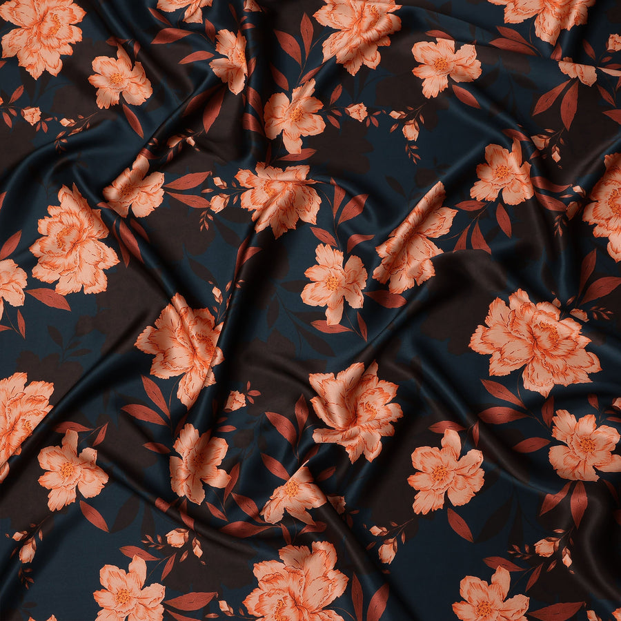 Navy Orange Floral Print Premium Pure Silk Satin Fabric, 110 cm Width, Bold Botanical Design, Origin: South Korea-D26816