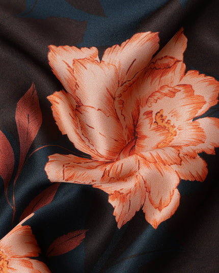 Navy Orange Floral Print Premium Pure Silk Satin Fabric, 110 cm Width, Bold Botanical Design, Origin: South Korea-D26816