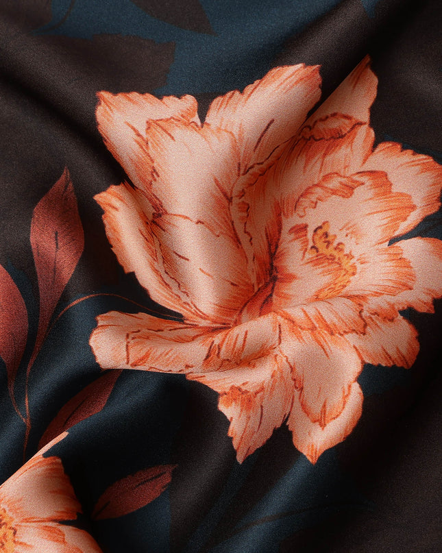 Navy Orange Floral Print Premium Pure Silk Satin Fabric, 110 cm Width, Bold Botanical Design, Origin: South Korea-D26816