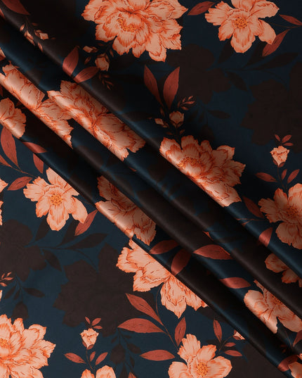 Navy Orange Floral Print Premium Pure Silk Satin Fabric, 110 cm Width, Bold Botanical Design, Origin: South Korea-D26816