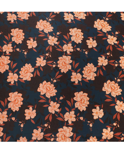 Navy Orange Floral Print Premium Pure Silk Satin Fabric, 110 cm Width, Bold Botanical Design, Origin: South Korea-D26816