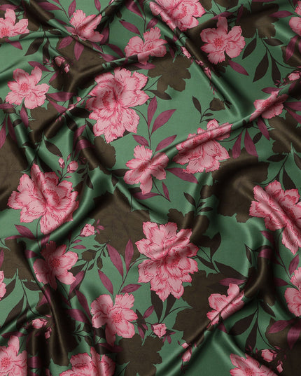 Green Pink Floral Print Premium Pure Silk Satin Fabric, 110 cm Width, Bold Botanical Design, Origin: South Korea-D26815
