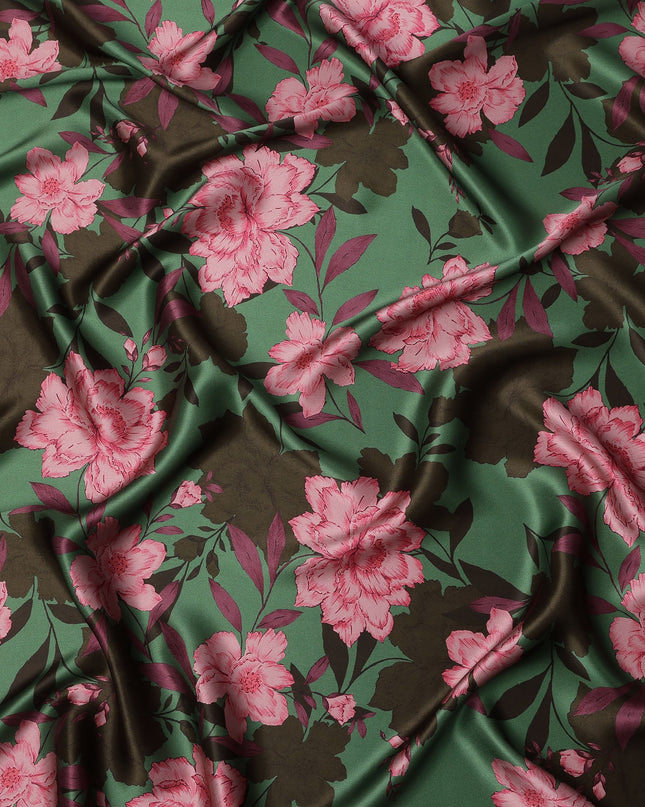 Green Pink Floral Print Premium Pure Silk Satin Fabric, 110 cm Width, Bold Botanical Design, Origin: South Korea-D26815