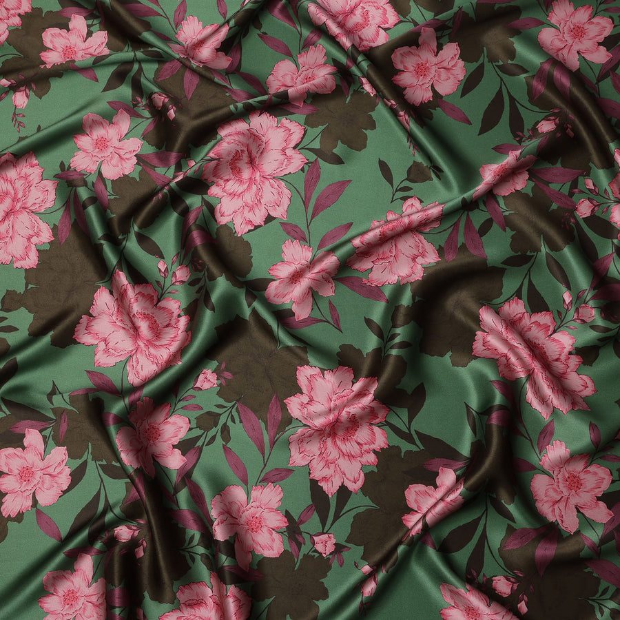 Green Pink Floral Print Premium Pure Silk Satin Fabric, 110 cm Width, Bold Botanical Design, Origin: South Korea-D26815