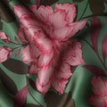 Green Pink Floral Print Premium Pure Silk Satin Fabric, 110 cm Width, Bold Botanical Design, Origin: South Korea-D26815
