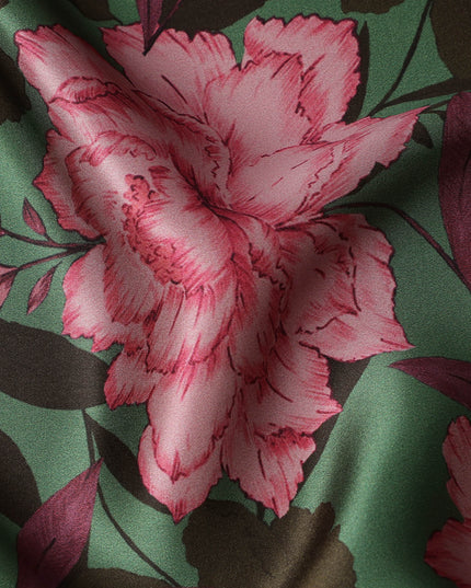 Green Pink Floral Print Premium Pure Silk Satin Fabric, 110 cm Width, Bold Botanical Design, Origin: South Korea-D26815