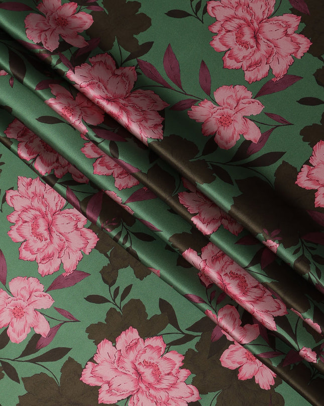 Green Pink Floral Print Premium Pure Silk Satin Fabric, 110 cm Width, Bold Botanical Design, Origin: South Korea-D26815