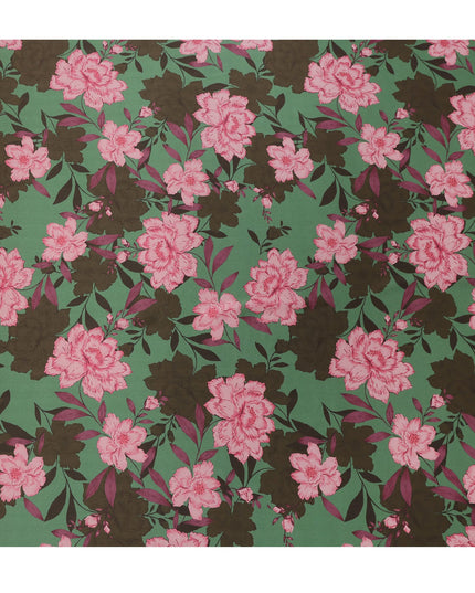 Green Pink Floral Print Premium Pure Silk Satin Fabric, 110 cm Width, Bold Botanical Design, Origin: South Korea-D26815