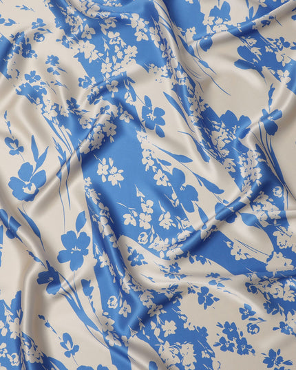 Blue & Ivory Floral Print Premium Pure Silk Satin Fabric, 110 cm Width, Elegant Botanical Design, Origin: South Korea-D26807