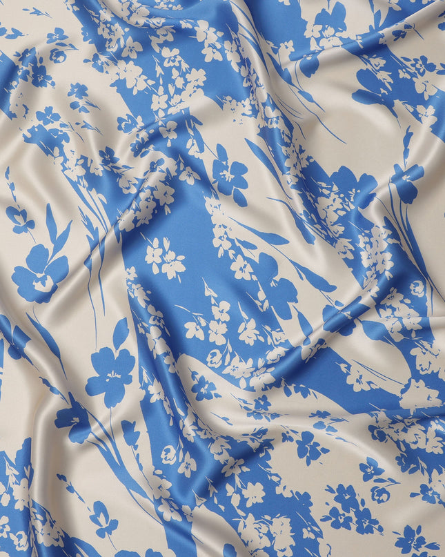 Blue & Ivory Floral Print Premium Pure Silk Satin Fabric, 110 cm Width, Elegant Botanical Design, Origin: South Korea-D26807