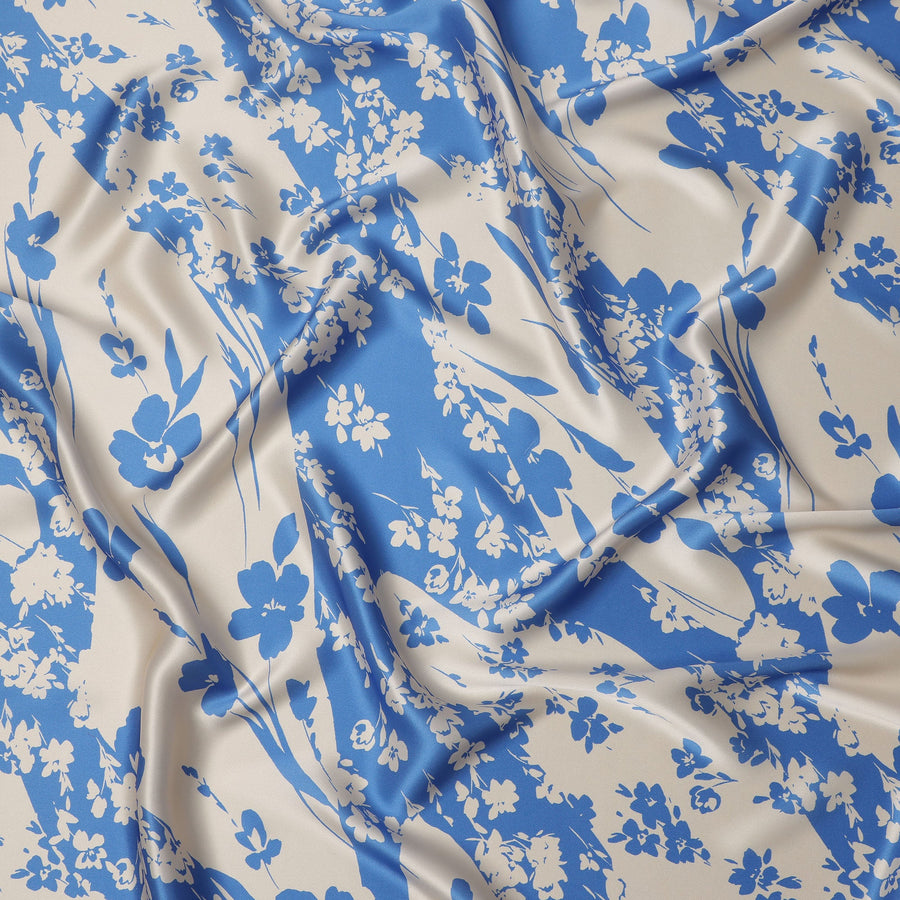 Blue & Ivory Floral Print Premium Pure Silk Satin Fabric, 110 cm Width, Elegant Botanical Design, Origin: South Korea-D26807