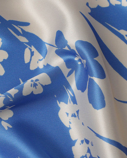 Blue & Ivory Floral Print Premium Pure Silk Satin Fabric, 110 cm Width, Elegant Botanical Design, Origin: South Korea-D26807